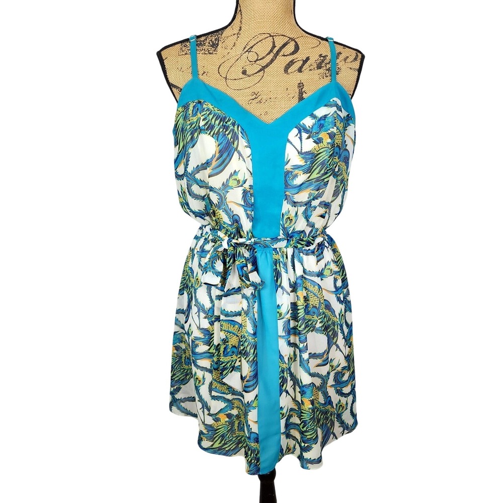 BEBE Size Large y2k Into the Wild Bird Print Chiffon Mini Sundress Cruise Resort
